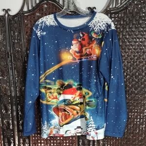 Festive Blue Men's Shirt with Santa and Fish Design